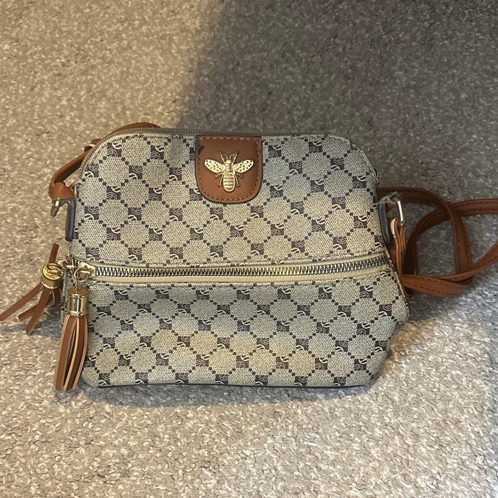 Brown and Cream Crossbody Bag with Bee Accent